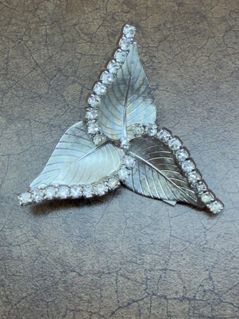 Silver Leaf Trio Brooch with Clear Rhinestones